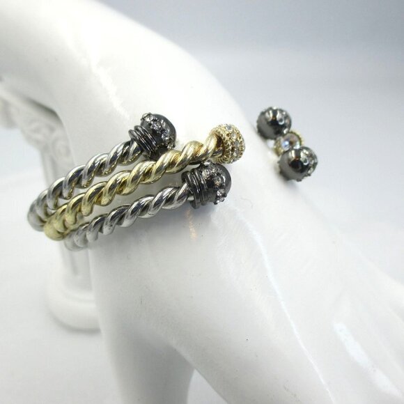 WHBM GOLDTONE SILVER TWISTED ROPE STONE CUFF BRACELET BANGLE Set of 3 - Picture 3 of 6